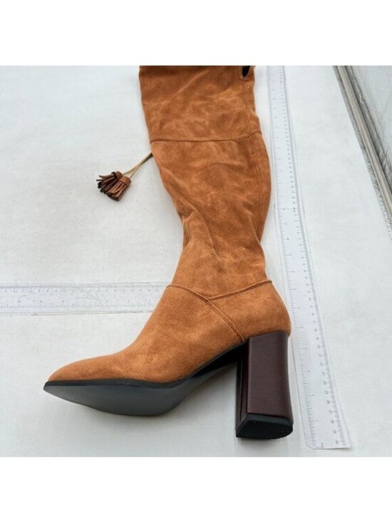 Shoes - Women's Over The Knee Thigh High Chunky Heel Pointed Toe Faux Suede Boots Brown